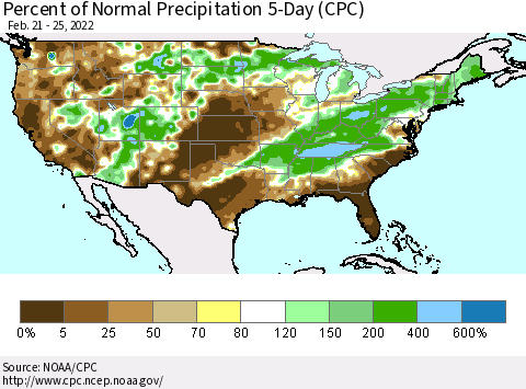 United States Percent of Normal Precipitation 5-Day (CPC) Thematic Map For 2/21/2022 - 2/25/2022