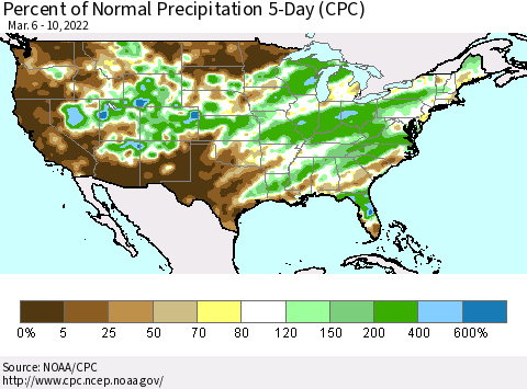 United States Percent of Normal Precipitation 5-Day (CPC) Thematic Map For 3/6/2022 - 3/10/2022