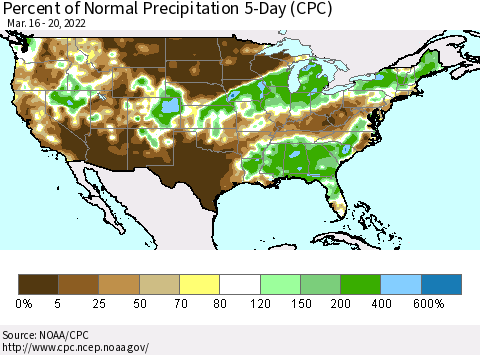 United States Percent of Normal Precipitation 5-Day (CPC) Thematic Map For 3/16/2022 - 3/20/2022
