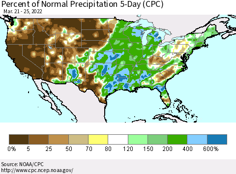 United States Percent of Normal Precipitation 5-Day (CPC) Thematic Map For 3/21/2022 - 3/25/2022