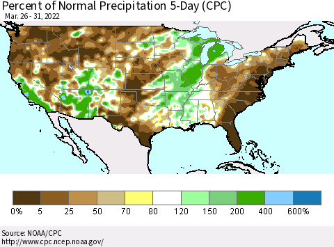 United States Percent of Normal Precipitation 5-Day (CPC) Thematic Map For 3/26/2022 - 3/31/2022