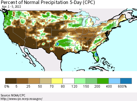 United States Percent of Normal Precipitation 5-Day (CPC) Thematic Map For 4/1/2022 - 4/5/2022