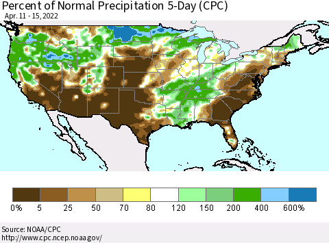 United States Percent of Normal Precipitation 5-Day (CPC) Thematic Map For 4/11/2022 - 4/15/2022