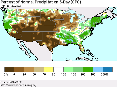 United States Percent of Normal Precipitation 5-Day (CPC) Thematic Map For 4/16/2022 - 4/20/2022