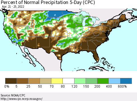 United States Percent of Normal Precipitation 5-Day (CPC) Thematic Map For 4/21/2022 - 4/25/2022