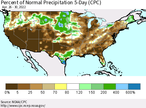 United States Percent of Normal Precipitation 5-Day (CPC) Thematic Map For 4/26/2022 - 4/30/2022