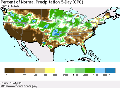 United States Percent of Normal Precipitation 5-Day (CPC) Thematic Map For 5/1/2022 - 5/5/2022