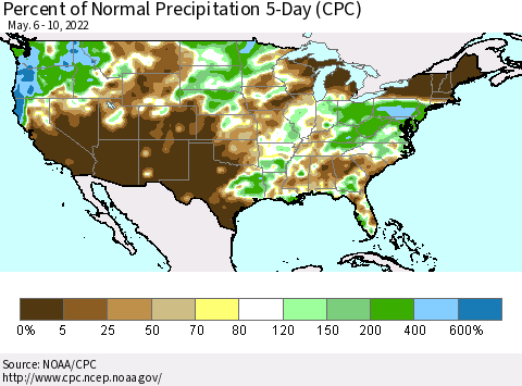 United States Percent of Normal Precipitation 5-Day (CPC) Thematic Map For 5/6/2022 - 5/10/2022