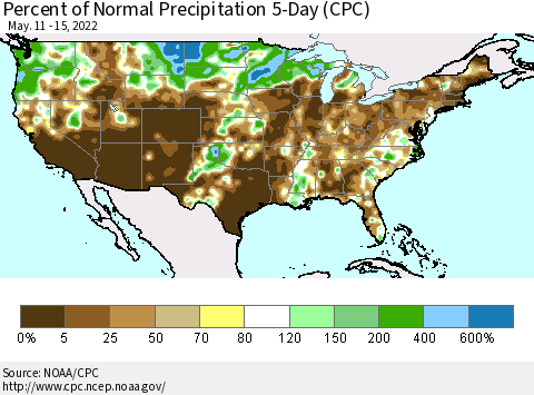 United States Percent of Normal Precipitation 5-Day (CPC) Thematic Map For 5/11/2022 - 5/15/2022
