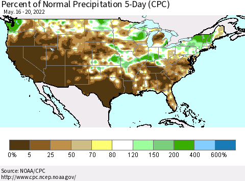 United States Percent of Normal Precipitation 5-Day (CPC) Thematic Map For 5/16/2022 - 5/20/2022