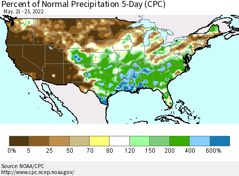 United States Percent of Normal Precipitation 5-Day (CPC) Thematic Map For 5/21/2022 - 5/25/2022
