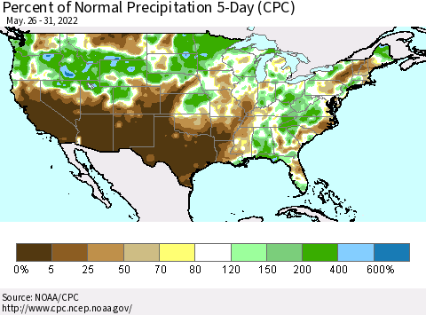 United States Percent of Normal Precipitation 5-Day (CPC) Thematic Map For 5/26/2022 - 5/31/2022