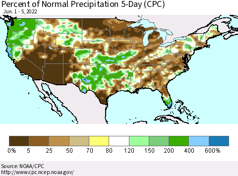 United States Percent of Normal Precipitation 5-Day (CPC) Thematic Map For 6/1/2022 - 6/5/2022