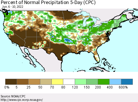 United States Percent of Normal Precipitation 5-Day (CPC) Thematic Map For 6/6/2022 - 6/10/2022