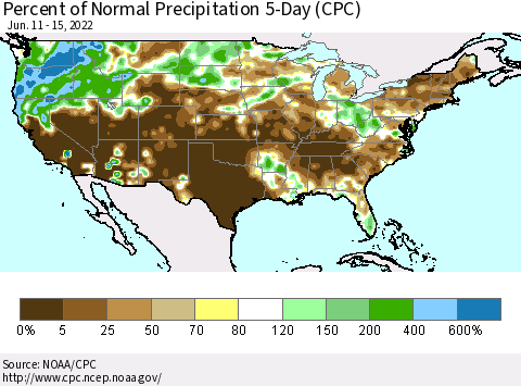 United States Percent of Normal Precipitation 5-Day (CPC) Thematic Map For 6/11/2022 - 6/15/2022