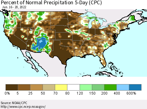 United States Percent of Normal Precipitation 5-Day (CPC) Thematic Map For 6/16/2022 - 6/20/2022