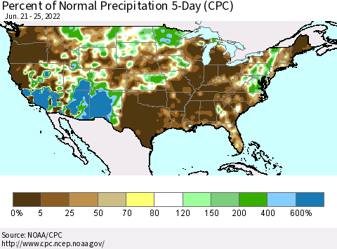 United States Percent of Normal Precipitation 5-Day (CPC) Thematic Map For 6/21/2022 - 6/25/2022