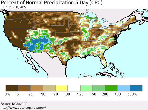 United States Percent of Normal Precipitation 5-Day (CPC) Thematic Map For 6/26/2022 - 6/30/2022
