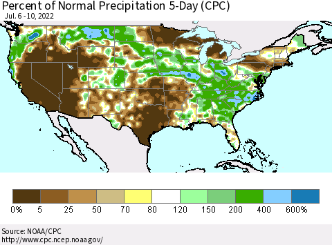 United States Percent of Normal Precipitation 5-Day (CPC) Thematic Map For 7/6/2022 - 7/10/2022