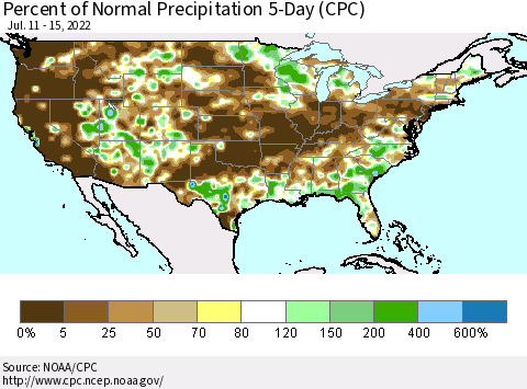 United States Percent of Normal Precipitation 5-Day (CPC) Thematic Map For 7/11/2022 - 7/15/2022
