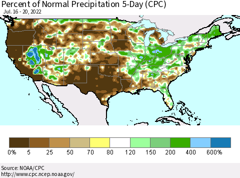 United States Percent of Normal Precipitation 5-Day (CPC) Thematic Map For 7/16/2022 - 7/20/2022