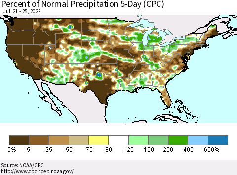 United States Percent of Normal Precipitation 5-Day (CPC) Thematic Map For 7/21/2022 - 7/25/2022