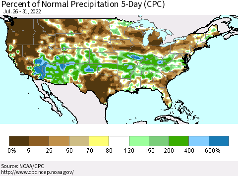 United States Percent of Normal Precipitation 5-Day (CPC) Thematic Map For 7/26/2022 - 7/31/2022