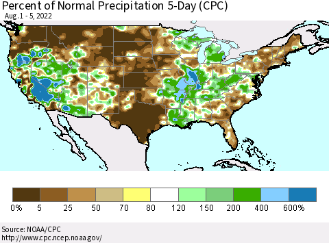 United States Percent of Normal Precipitation 5-Day (CPC) Thematic Map For 8/1/2022 - 8/5/2022