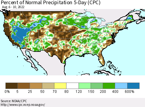 United States Percent of Normal Precipitation 5-Day (CPC) Thematic Map For 8/6/2022 - 8/10/2022
