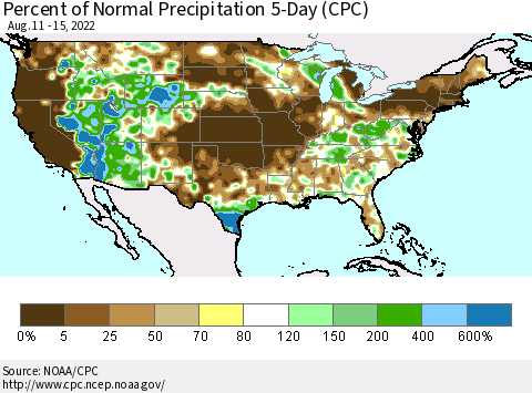 United States Percent of Normal Precipitation 5-Day (CPC) Thematic Map For 8/11/2022 - 8/15/2022