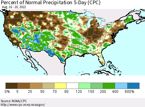 United States Percent of Normal Precipitation 5-Day (CPC) Thematic Map For 8/16/2022 - 8/20/2022