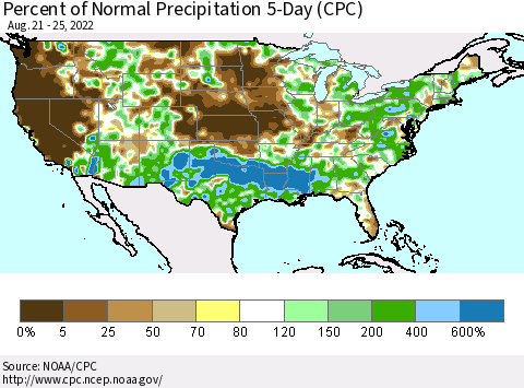 United States Percent of Normal Precipitation 5-Day (CPC) Thematic Map For 8/21/2022 - 8/25/2022