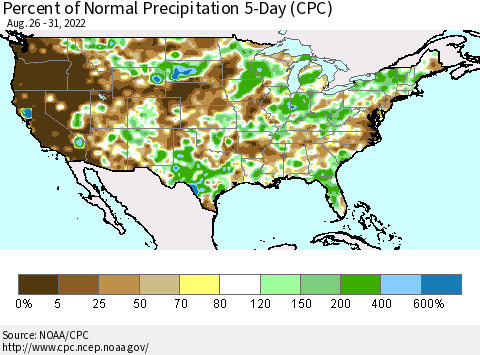United States Percent of Normal Precipitation 5-Day (CPC) Thematic Map For 8/26/2022 - 8/31/2022