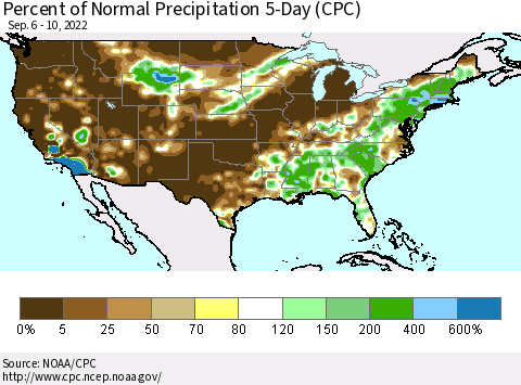 United States Percent of Normal Precipitation 5-Day (CPC) Thematic Map For 9/6/2022 - 9/10/2022