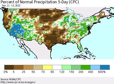 United States Percent of Normal Precipitation 5-Day (CPC) Thematic Map For 9/11/2022 - 9/15/2022