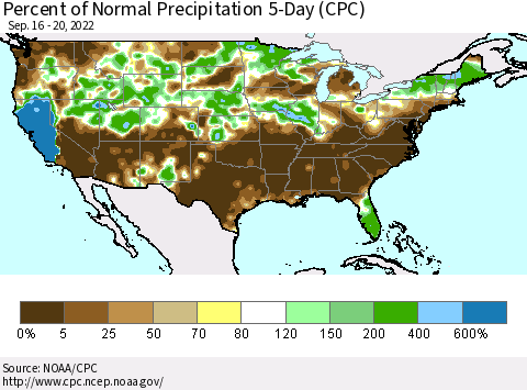 United States Percent of Normal Precipitation 5-Day (CPC) Thematic Map For 9/16/2022 - 9/20/2022