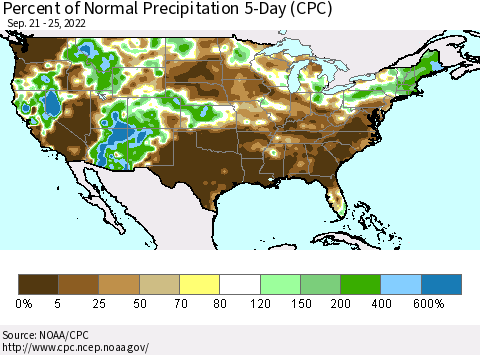 United States Percent of Normal Precipitation 5-Day (CPC) Thematic Map For 9/21/2022 - 9/25/2022