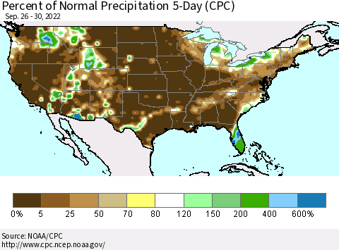 United States Percent of Normal Precipitation 5-Day (CPC) Thematic Map For 9/26/2022 - 9/30/2022