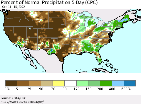 United States Percent of Normal Precipitation 5-Day (CPC) Thematic Map For 10/11/2022 - 10/15/2022
