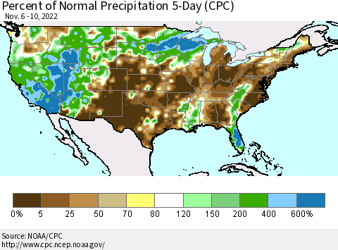 United States Percent of Normal Precipitation 5-Day (CPC) Thematic Map For 11/6/2022 - 11/10/2022