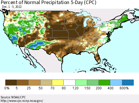United States Percent of Normal Precipitation 5-Day (CPC) Thematic Map For 12/1/2022 - 12/5/2022
