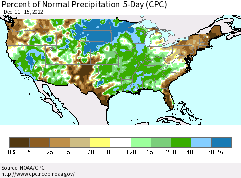 United States Percent of Normal Precipitation 5-Day (CPC) Thematic Map For 12/11/2022 - 12/15/2022