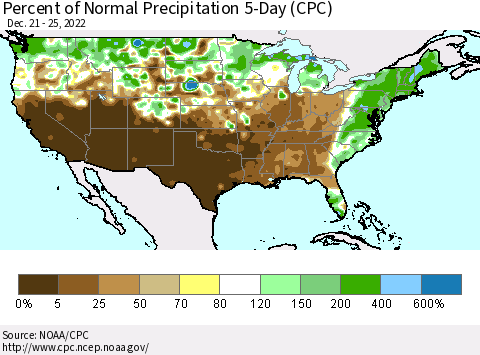 United States Percent of Normal Precipitation 5-Day (CPC) Thematic Map For 12/21/2022 - 12/25/2022