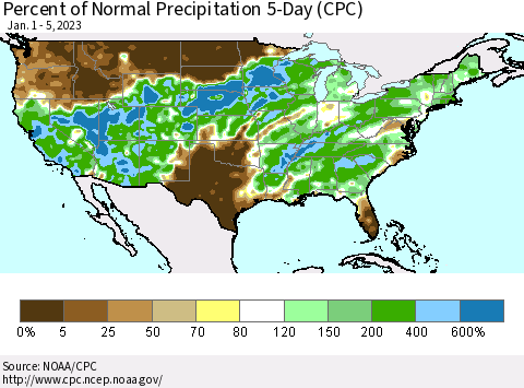 United States Percent of Normal Precipitation 5-Day (CPC) Thematic Map For 1/1/2023 - 1/5/2023