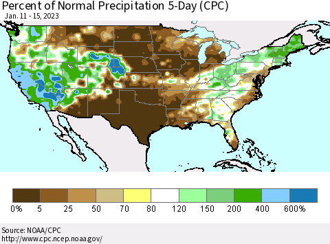 United States Percent of Normal Precipitation 5-Day (CPC) Thematic Map For 1/11/2023 - 1/15/2023