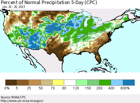 United States Percent of Normal Precipitation 5-Day (CPC) Thematic Map For 1/16/2023 - 1/20/2023