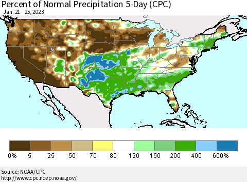 United States Percent of Normal Precipitation 5-Day (CPC) Thematic Map For 1/21/2023 - 1/25/2023