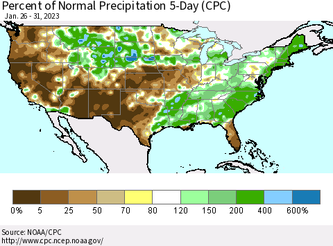 United States Percent of Normal Precipitation 5-Day (CPC) Thematic Map For 1/26/2023 - 1/31/2023