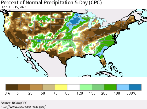 United States Percent of Normal Precipitation 5-Day (CPC) Thematic Map For 2/11/2023 - 2/15/2023
