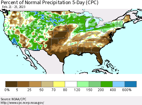United States Percent of Normal Precipitation 5-Day (CPC) Thematic Map For 2/21/2023 - 2/25/2023